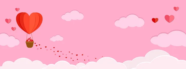 情人节快乐纸巾风格的横幅矢量插图 红热的气球载着许多可爱的纸切心飘扬在甜蜜的粉红云天 爱用空白的贺卡背景作为文字 — 图库矢量图片