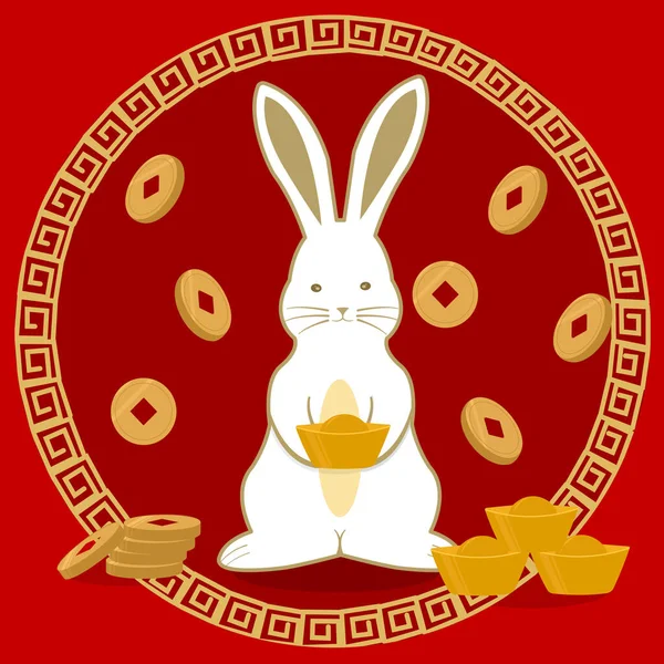 幸せな中国の旧正月2023ベクトルイラスト 可愛い白いウサギのウサギは金のインゴットを保持し 幸運な黄金のお金のコインは赤い背景に空から落ちて 幸運なアイテム東洋のアジアスタイル — ストックベクタ