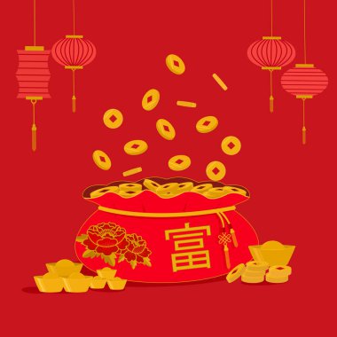 Çin Yeni Yıl vektör illüstrasyonu. Şakayık çiçekli ve Çin nakışlı güzel kırmızı bir talih çantası: kazançlı zengin, düşen altın sikkeler para, altın külçeler ve asılı fener, şanslı doğulu Asya tarzı.