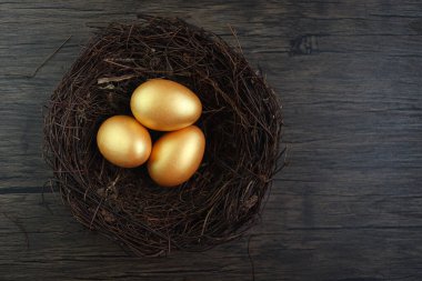 Top view of beautiful golden Easter eggs in bird nest on rustic brown wooden surface background, decoration and celebration Easter and spring beginning.