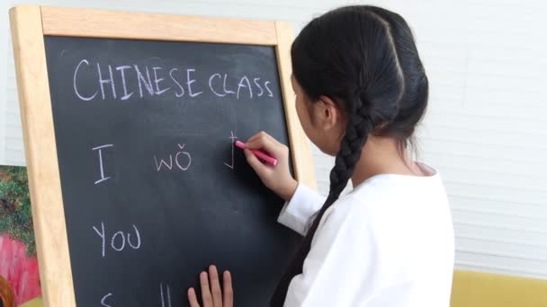 Cute Happy Asian Girl Long Hair Braided Pigtails Studying Chinese — Vídeo de stock