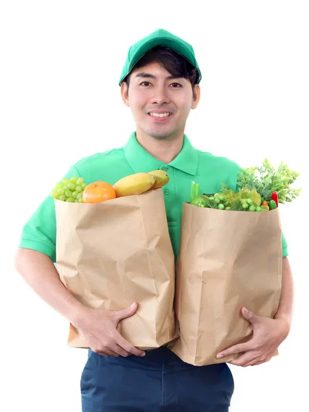 Smile Asian Delivery Man Green Shirt Uniform Carrying Package Bag — Stock Photo, Image