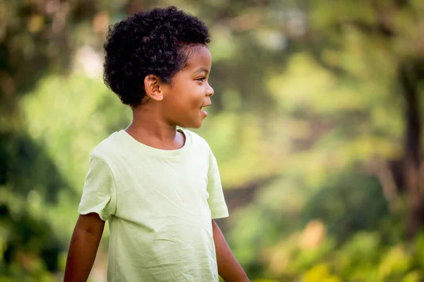 Siyah Kıvırcık Saçlı Gülümseyen Afrikalı Bir Çocuğun Portresi Bulanık Yeşil — Stok fotoğraf