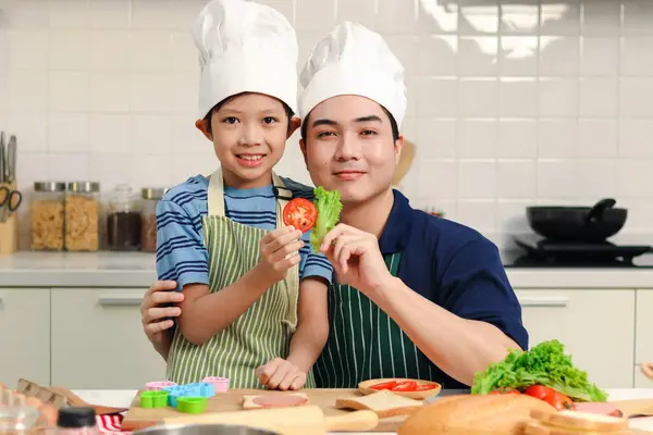 Happy Asian Father Son Kid Apron Chef Hat Cooking Meal — Stock Photo, Image