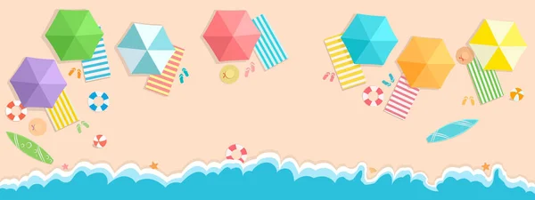 Happy Summer Beach Zee Banner Vector Illustratie Bovenaanzicht Kleurrijke Strand — Stockvector