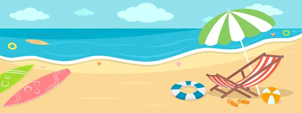 Ευτυχισμένο Καλοκαίρι Άμμο Παραλία Πανό Διάνυσμα Εικονογράφηση Πολύχρωμο Φόντο Της — Διανυσματικό Αρχείο