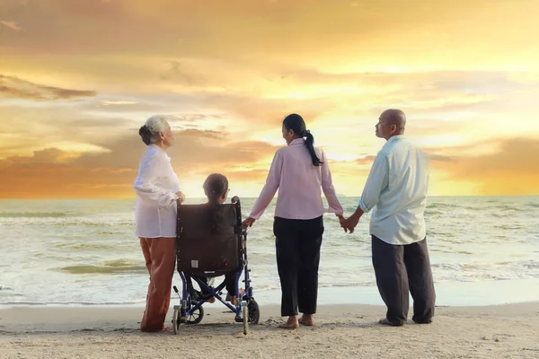 4つの陽気な高齢者の高齢者のグループは 旅行の屋外 幸せな車椅子旅行の高齢者の高齢者の女性の後ろから夕日のビーチで友人と一緒に休日の休暇でお楽しみください — ストック写真