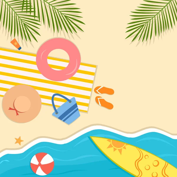 Happy Summer Beach Sea Vector Illustration Top View Colorful Beach — Stock Vector
