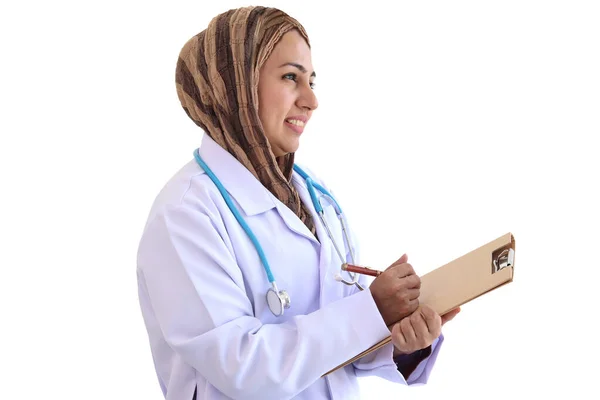 Portrait Beautiful Middle Aged Smiling Asian Muslim Woman Doctor Holding Stock Picture