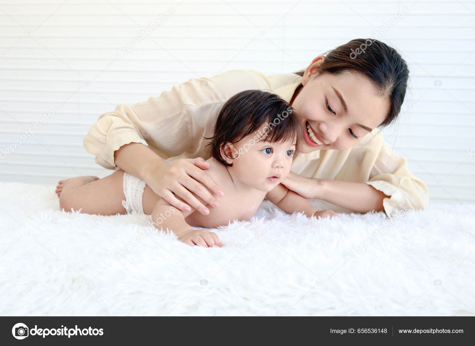 Portrait Happy Toddle Baby Lying Fluffy White Rug Mother Little