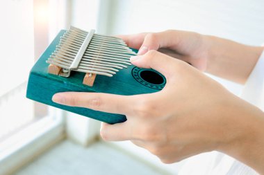 Afrika 'dan kadın eli ile geleneksel bir enstrüman olan Kalimba ya da Mbira ile müzik çalan kadın ellerini kapatın..