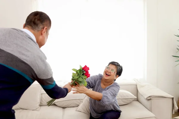 Romantic Elderly Man Gives Rose Flower Bouquet His Wife While — Stock Photo, Image