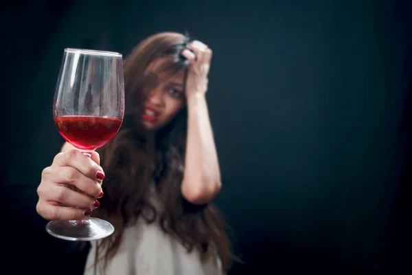 Red Wine Glass Hand Beautiful Black Long Hair Woman White — Stock Photo, Image