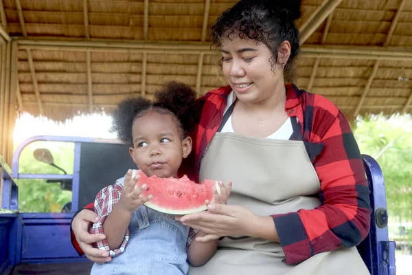 Happy farmer family work together in agriculture, mother gardener set with her African Asian mixed race curly hair daughter during break. Kid girl enjoy eating watermelon product from their own farm.