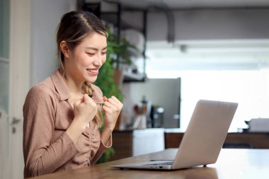 Mutlu şanslı Asyalı kadın dizüstü bilgisayara bakıyor ve online galibiyeti kutluyor, evde otururken yumruklarını sallıyor. Genç bayan büyük bir anlaşma ya da iş başarısı kutluyor.