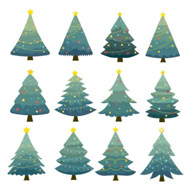 Beyaz arka planda güzel dekoratif Noel ağacı koleksiyonu, çelenkli geleneksel semboller, ampul, top, kar tanesi ve yıldız. Renkli kış tatili simgeleri çizgi film vektör çizimi