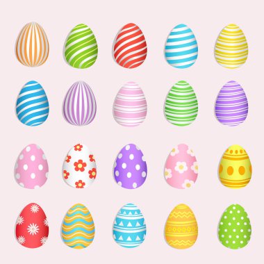 Açık pembe arka planda farklı desenli güzel ve renkli Paskalya yumurtası seti. Hoş boyalı Paskalya yumurtası ile mutlu bahar tatili kutlamaları. Mutlu Paskalya vektörü çizimleri