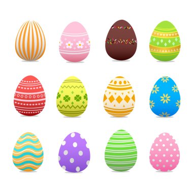 Açık pembe arka planda farklı desenli güzel ve renkli Paskalya yumurtası seti. Hoş boyalı Paskalya yumurtası ile mutlu bahar tatili kutlamaları. Mutlu Paskalya vektörü çizimleri