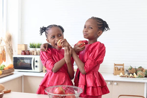 African twin girl sister with curly hair braid African hairstyle eating red apples in kitchen. Happy smiling kid sibling eating fruit and spending time together. Cute children in lovely family.