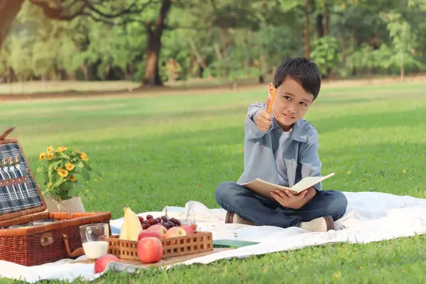 Happy child having a picnic in summer park, cute Asian boy holding pencil and pointing it at camera. Kid doing homework and studying outside in green garden. Joyful kid enjoys spending time outdoors.