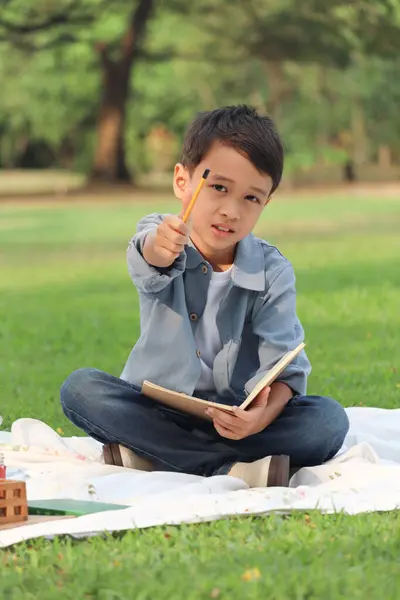 Happy child having a picnic in summer park, cute Asian boy holding pencil and pointing it at camera. Kid doing homework and studying outside in green garden. Joyful kid enjoys spending time outdoors.