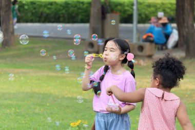 Kıvırcık saçlı mutlu Asyalı kız Afrikalı arkadaşı yeşil doğa bahçesinde sabun köpüğü üflüyor. Çocuklar çayırda birlikte vakit geçiriyorlar. Tatlı çocuklar yaz parkında baloncuklarla eğleniyor..