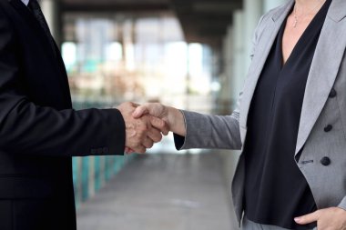 Ofisteki Kafkasyalı iş kadınıyla iş bittikten sonra el sıkışmaktan mutlu Asyalı işadamı. Yaşlı başarılı iş ortağı tokalaşarak selamlıyor. Olgun iş adamları.