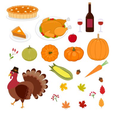 Şükran Günü elemanları vektör illüstrasyonu seti, geleneksel yiyecek, hasat mahsulü ve sonbahar kutlamaları için süs, balkabağı turtası, böğürtlen, havuç, mısır, renkli yapraklar, hacı şapkası ve palamut ile hindi.