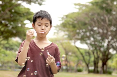 Güneşli bir günde parkta baloncuk çıkaran mutlu Asyalı çocuk. Küçük çocuk yeşil bahçede baloncuk üflüyor. Neşeli çocuk dışarıda doğayla oynamaktan hoşlanıyor. Çocukluk açık hava konsepti.