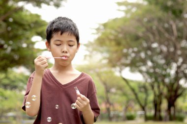 Güneşli bir günde parkta baloncuk çıkaran mutlu Asyalı çocuk. Küçük çocuk yeşil bahçede baloncuk üflüyor. Neşeli çocuk dışarıda doğayla oynamaktan hoşlanıyor. Çocukluk açık hava konsepti.