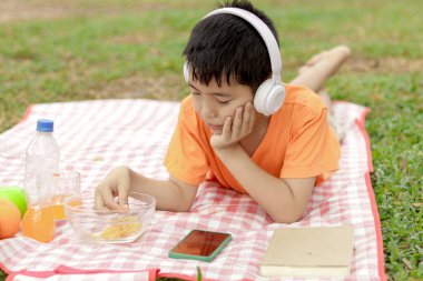 Kulaklıklı mutlu Asyalı okul çocuğu yeşil çimenlerin üzerinde yatarken abur cubur yiyor. Neşeli çocuk güneşli bir günde bahçede vakit geçiriyor. Çocuk yaz parkında piknik yapıyor..