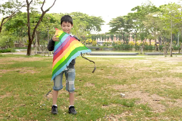 Güneşli bir günde parkta uçurtma oynayan mutlu Asyalı çocuk. Neşeli çocuk açık havada renkli uçurtma uçuruyor. Küçük çocuk yeşil bahçede uçurtmayla oynuyor. Çocukluk açık hava konsepti.