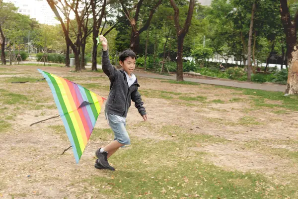 Güneşli bir günde parkta uçurtma oynayan mutlu Asyalı çocuk. Neşeli çocuk açık havada renkli uçurtma uçuruyor. Küçük çocuk yeşil bahçede uçurtmayla oynuyor. Çocukluk açık hava konsepti.