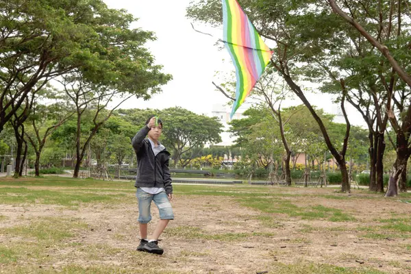 Güneşli bir günde parkta uçurtma oynayan mutlu Asyalı çocuk. Neşeli çocuk açık havada renkli uçurtma uçuruyor. Küçük çocuk yeşil bahçede uçurtmayla oynuyor. Çocukluk açık hava konsepti.