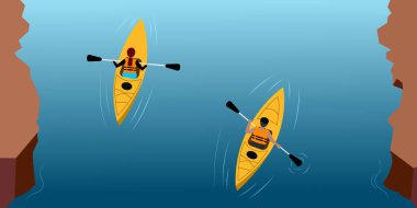 Nehirde kayak yapan mutlu insanlar. Suyun üstünde kanosu olan bir gezgin. Kano oyuncuları gölde kano yapıyor. Neşeli insanlar su sporlarını aşırı açık havada aktif vektör illüstrasyonunu severler. Doğa yolculuğu macerası