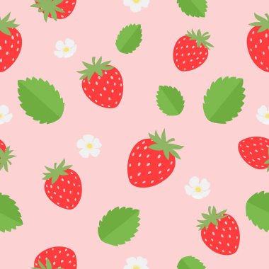 Kırmızı çilek, çiçek ve yapraklar pürüzsüz desen, pembe arka planda taze çilek deseni. Duvar kağıdı, web sayfaları, dokular, tekstil ve grafikler için sevimli vektör illüstrasyon arka plan tasarımı