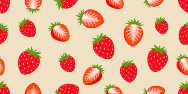 Kırmızı çilek ve dilimsiz desen, açık sarı arka planda taze çilek deseni. Duvar kağıdı, web sayfası, doku, tekstil ve grafik için sevimli vektör illüstrasyon arkaplan tasarımı