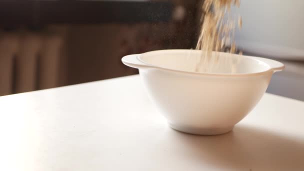 Cozinhar Pequeno Almoço Aveia Quadro Caindo Cereal Recipiente Fundo Você — Vídeo de Stock