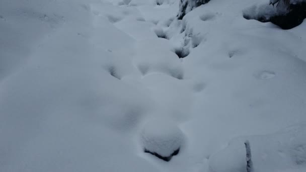Karla Kaplı Bir Dağ Geçidine Yakın Çekim Çerçevede Büyük Taş — Stok video