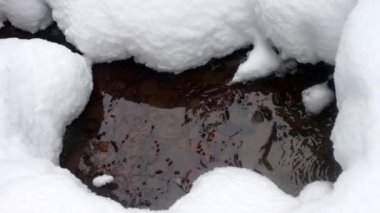 Dağ deresi kalın bir kar tabakasıyla örtülmüş. Nehrin sadece küçük bir kısmını görebilirsiniz, ateş etmek üzere..