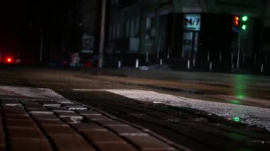 Yolun kenarından geçen arabaların arka manzarası. Karanlık bir sokakta, sadece trafik ışıkları ve araba farları parlar..