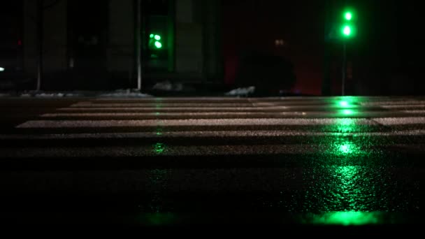 Atravessamento Pedestres Uma Rua Deserta Escura Fria Depois Luz Verde — Vídeo de Stock
