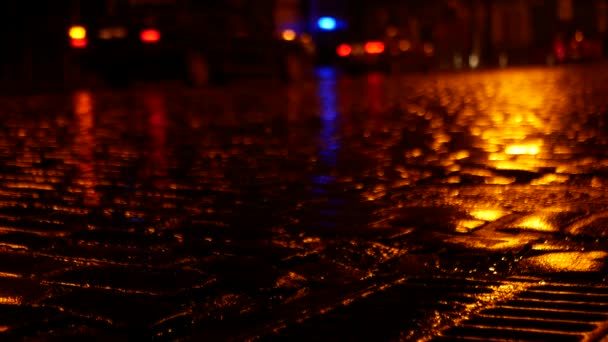 Wide Street Made Paving Stones Night Rain Passing Car Visible — Stock Video
