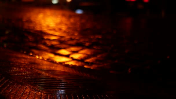 Water Flows Storm Drain Road Paving Stones Night Background You — Stock Video