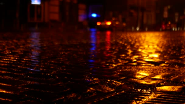 Movement Cars Rainy Street Paving Stones Night Shooting Asphalt Level — Stock Video