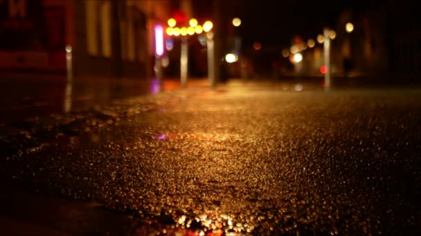 Cars Rush Wet Asphalt Night City Close Shot Road — Stock Video