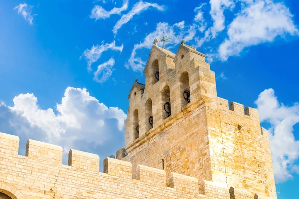 stock image Bell tower of the church of Saintes Maries de la Mer, in the Camargue, Provence, France