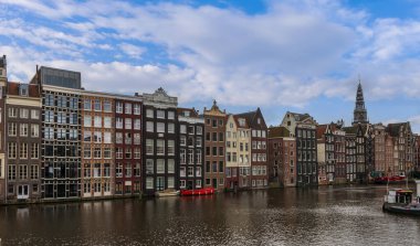 Panoramic of a typical canal in Amsterdam in Holland in the Netherlands