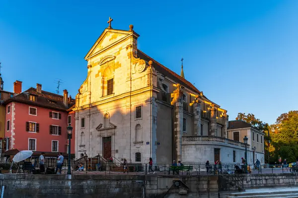 Igreja São Francisco Sales Noite Annecy Margens Thioule Haute Savoie — Fotografia de Stock