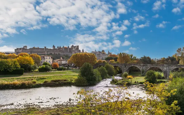 City Carcassonne Old Bridge New Bridge Aude River Aude Occitanie — Stock Photo, Image
